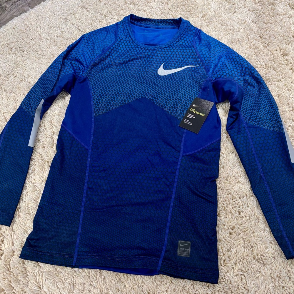 Nike Men's Navy and Royal Blue Hyperwarm long sleeve fitted shirt size small